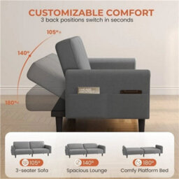 Convertible Sofa Bed, Fabric 3-Seater Sofa Bed For Limited Space Dark Grey - thumbnail 4