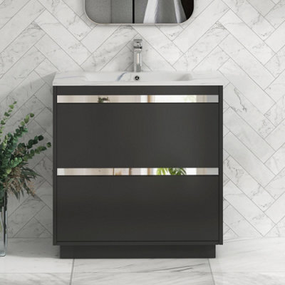 Royal Bathrooms Orion 800mm Matt Obsidian Black 2 Drawer Floor Standing Vanity Unit With Carrara White Basin & Chrome Accent Trim - image 1