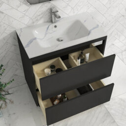 Royal Bathrooms Orion 800mm Matt Obsidian Black 2 Drawer Floor Standing Vanity Unit With Carrara White Basin & Chrome Accent Trim - thumbnail 4