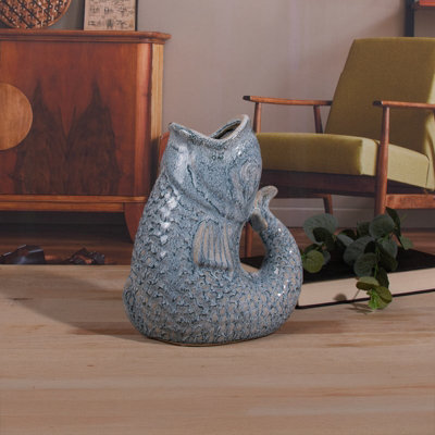 Ceramic Fish Gurgle Jug Vase Sky Blue 23Cm Decorative Ornament Coastal Decor