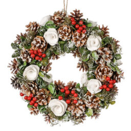 Dibor 35Cm White Berries And Roses Xmas Festive Decor Front Door Wreath Christmas Wreath - thumbnail 1