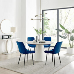 Furniturebox Uk Palma Beige Stone Effect Round Dining Table & 4 Navy Pesaro Black Leg Chairs - thumbnail 1