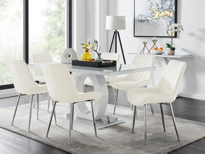 Furniturebox Giovani Rectangular 6 Seat White High Gloss Unique Halo Base Dining Table Grey Glass Top 6 Cream Velvet Silver Leg Pesaro Chairs - image 1