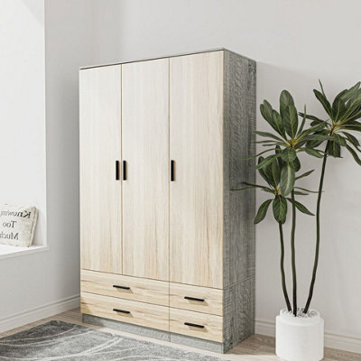 Urbn-Living Urbnliving 180Cm Height Oak 3 Door 4 Drawer Wardrobe Storage Shelf Modern Bedroom Ash Grey Furniture - image 1