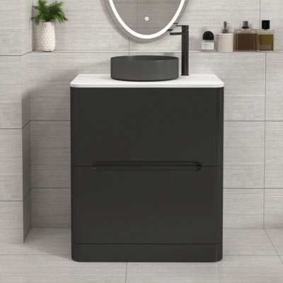 Royal Bathrooms Venice 700mm Matt Nocturne Black Freestanding Bathroom Countertop Vanity Unit 2 Drawer With Art Round Basin - image 1