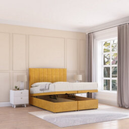 Sloomy Kansas End Lift Ottoman Bed 5Ft With Sprung Memory Mattress - Mustard Plush & Headboard- King - thumbnail 1