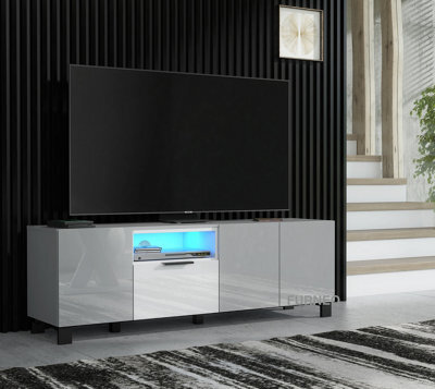 Furneo 150Cm Tv Stand Grey White High Gloss Matt Unit Cabinet Blue Led Lights Enzo 14 - image 1