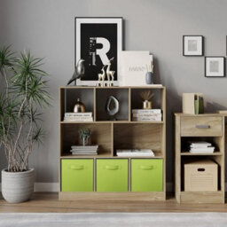 Urbn-Living Urbnliving Asymmetrical 8 Cube Oak Bookcase Storage Unit With 3 Fabric Drawer Inserts- Green - thumbnail 2