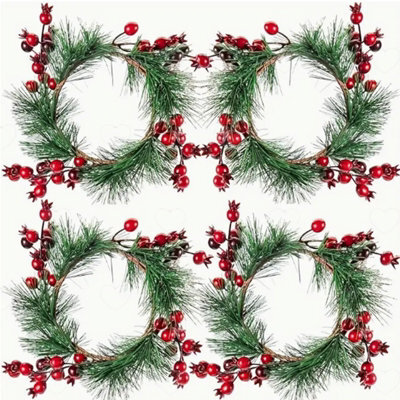Amorly 4Pcs Artificial Pine Candle Ring Wreaths, Red Berry Mini Garland For Pillar Candles, Festive Table Centrepiece For Christmas - image 1
