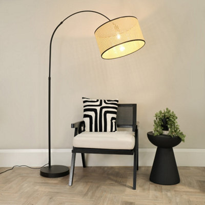 Valuelights Louis Black Arched Curved Floor Lamp With Natural Cane Drum Lamp Shade - image 1