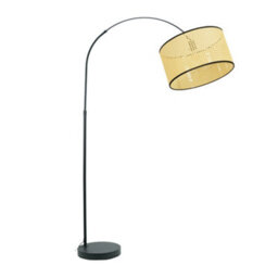 Valuelights Louis Black Arched Curved Floor Lamp With Natural Cane Drum Lamp Shade - thumbnail 2