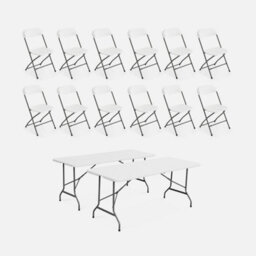 Sweeek - Pair Of Folding Plastic Reception Tables With 12 Chairs White 180X69.5X73.5 Cm - Fiesta