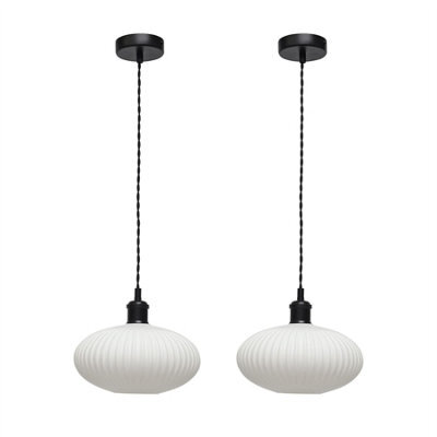 First Choice Lighting Set Of 2 Baton - White Ribbed Oval Glass Black Retro Pendant Fittings - image 1
