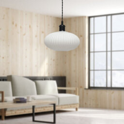 First Choice Lighting Set Of 2 Baton - White Ribbed Oval Glass Black Retro Pendant Fittings - thumbnail 5