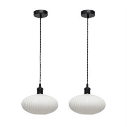 First Choice Lighting Set Of 2 Baton - White Ribbed Oval Glass Black Retro Pendant Fittings - thumbnail 1