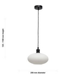 First Choice Lighting Set Of 2 Baton - White Ribbed Oval Glass Black Retro Pendant Fittings - thumbnail 6