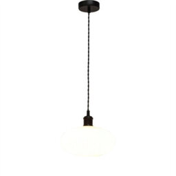 First Choice Lighting Set Of 2 Baton - White Ribbed Oval Glass Black Retro Pendant Fittings - thumbnail 3