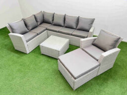 Fimous Outdoor Rattan Garden Furniture Set 8 Seater Corner Sofa Sets With Square Coffee Table Chair Big Footstool Light Grey Mixed - thumbnail 2
