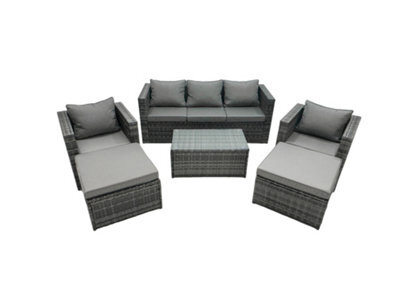 Fimous Rattan Garden Furniture Dining Set 7-Seater Patio Coffee Table Sofa Set With 2 Armchair 2 Big Footstools Dark Grey Mixed - image 1