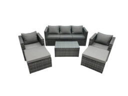 Fimous Rattan Garden Furniture Dining Set 7-Seater Patio Coffee Table Sofa Set With 2 Armchair 2 Big Footstools Dark Grey Mixed - thumbnail 1