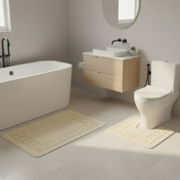 2 Piece Box Design Bath Mat Set Soft Absorbent Non-Slip Bathroom Mats Cream