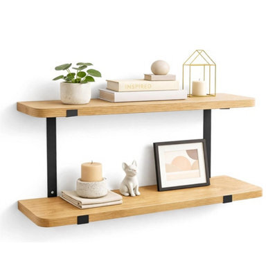 60Cm Oak 2-Tier Shelf Black Brackets - image 1