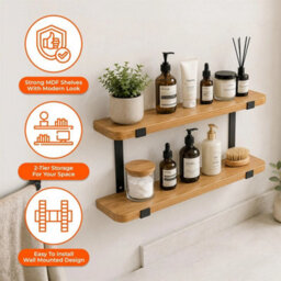 60Cm Oak 2-Tier Shelf Black Brackets - thumbnail 3