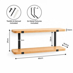 60Cm Oak 2-Tier Shelf Black Brackets - thumbnail 2
