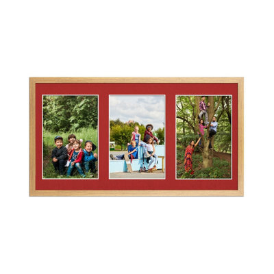 AK Frames 40X20Cm Oak Sleek Multi Photo Frame With Crimson Mount - Holds 3 Apertures (3X) 6X4 Photos - image 1