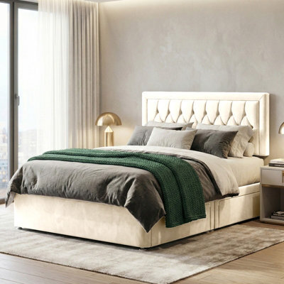 Adore Designs Diamond Cut Bumper Plush Velvet Divan Bed, Headboard & Mattress - 5Ft Kingsize - Cream - 2 Drawers Same Side - image 1
