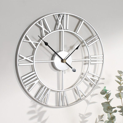 OHS Large Wall Clock Roman Numerals Skeleton Big Open Round Face, Silver - image 1