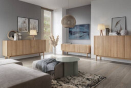 Arte Boho Contemporary Sideboard Cabinet 3 Hinged Doors 3 Shelves Oak Riviera & White Marble Effect (H)680mm (W)1440mm (D)370mm - thumbnail 4