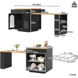 Matteo Extendable Kitchen Island With Rgb Led Lighting, Black Mdf Countertop & Fluted Glass Doors, 2 Drawers & Adjustable Shelves - thumbnail 8