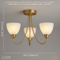 Happy Homewares Designer Antique Brass Three Arm Ceiling Light With Opal White Glass Shades - thumbnail 6
