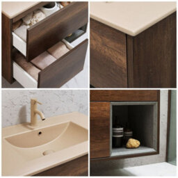 Homestylestore Dark Oak 612mm Wall Hung Bathroom Vanity Unit Open Shelf And Sand Basin - thumbnail 2