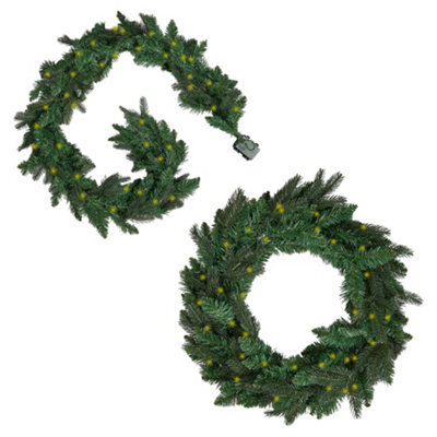 Dibor Traditional Melrose Matching Pre-Lit Decorative Christmas Wreath And Garland Set - image 1