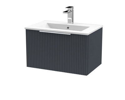 Hudson Reed Fluted Wall Hung 1-Drawer Vanity And Minimalist Basin, Contemporary Sink Vanity Unit, Soft Black, 600mm - image 1