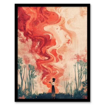 Artery8 Crimson Offering Smoke Signals Surreal Painting Wall Art Print - A4 Size