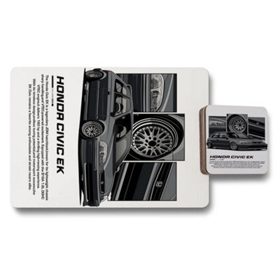 Benjamin Tate Design Honda Civic Ek Designer Artwork Placemat And Coaster Set With Wood Base Limited Edition Collection - image 1