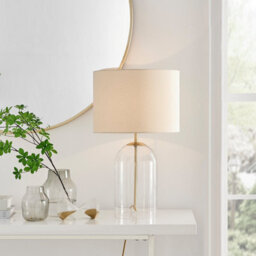 Furniturebox Nora Contemporary Clear Glass Table Lamp With Gold Chrome Details And Cream Shade Including A Rated Energy Efficient Led Bulb