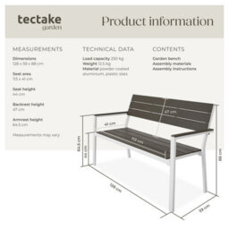 Tectake Line 2-Seater Garden Bench With Aluminum Frame, 128X59X88 Cm - Light Grey/white - thumbnail 6