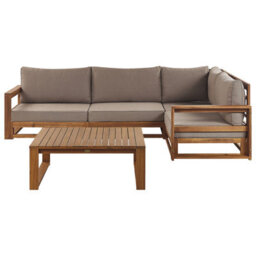 Beliani Garden Corner Sofa With Table 4 Seater Timor Right Hand Modular Certified Acacia Wood Light Brown - thumbnail 5