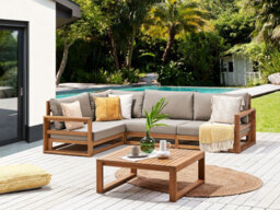 Beliani Garden Corner Sofa With Table 4 Seater Timor Right Hand Modular Certified Acacia Wood Light Brown - thumbnail 2