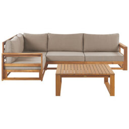 Beliani Garden Corner Sofa With Table 4 Seater Timor Right Hand Modular Certified Acacia Wood Light Brown - thumbnail 1