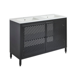 Homestylestore 1212mm Black Metal Floorstanding Bathroom Vanity Unit And Double Chalk Basin - thumbnail 1