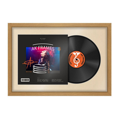 "AK Frames 25X17"" Oak Sleek Vinyl Record Frame With Ivory Mount For 12 Inch Lp Cover & Disc - Overlapped Design" - image 1