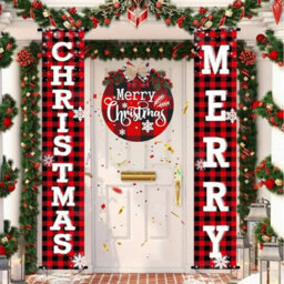 Amorly 12Inch Merry Christmas Door Sign Banner Set, Hanging Wreath With Bow, Festive Ornament For Front Porch Home Wall Xmas Decoration - thumbnail 1