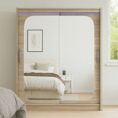 Bega Viii 180 Cm Sliding Doors Wardrobe With Hanging Rail Shelves And Mirror Sonoma With Led Lights - image 1