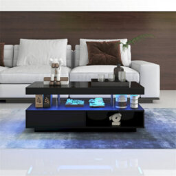 Abrihome 95X50X42.5Cm High Gloss Rectangle Coffee Table With Led Lights, Modern Wooden Console Table, Black - thumbnail 8