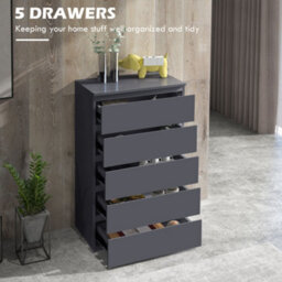 Homcom Bedroom Chest Of Drawers, High Gloss 5 Drawers Dresser, Grey - thumbnail 4